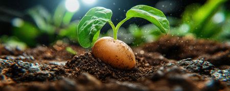 A vibrant green shoot, a symbol of new life, pushes through the earth Delicate leaves unfurl, revealing the promise of growth and abundance This tiny sprout, a testament to nature's resilience, embodies the fertility and potential of the garden AI Generativeの素材