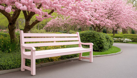 Imagine a tranquil spring garden, bathed in soft sunlight A delicate canopy of cherry blossoms, in their vibrant pink glory, drapes over a quaint wooden bench The air is sweet with their fragrance, and a sense of peace washes over you as you sit, lost in the beauty of the AI Generativeの素材