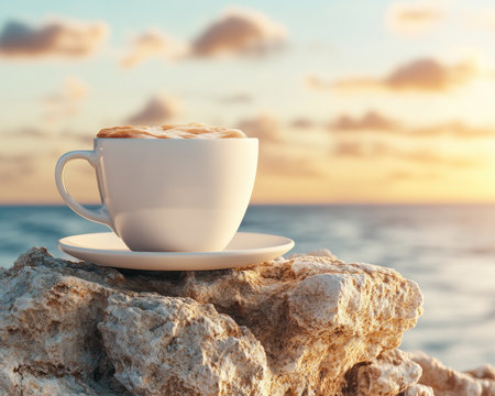 Imagine waking to the gentle caress of ocean breeze, the sun painting the sky in vibrant hues A warm cup of coffee in hand, you settle into a cozy embrace, watching the sunrise illuminate the tranquil seascape This is a peaceful morning, a perfect start to your day, infused with AI Generativeの素材