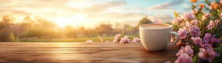 Embrace the quiet beauty of sunrise and sip your morning coffee surrounded by picturesque countryside This tranquil natural setting offers ultimate cozy relaxation, providing blissful moments of peace and escape Find serenity amidst scenic vistas and experience the perfect start to your day AI Generativeの素材