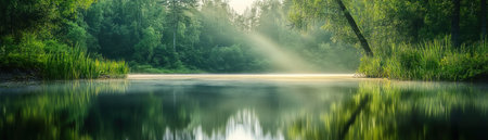 A serene morning paints the tranquil river with golden rays, casting a gentle glow on the misty landscape Green trees stand tall along the riverbank, their reflections shimmering in the calm water The quiet stillness evokes a sense of peace, a beautiful and natural scene perfect for relaxation AI Generativeの素材