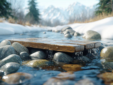 A serene mountain stream, fed by melting snow, flows through a tranquil landscape The gentle current and lush greenery evoke a sense of peace and renewal Nature's beauty unfolds in this picturesque scene, perfect as a calming background or desktop wallpaper AI Generativeの素材