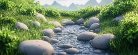 Crystal-clear spring melt water gurgles through a mountain stream, carving a serene path through lush greenery The air is crisp with the scent of pine and damp earth Cold water rushes over smooth rocks, creating a symphony of nature's harmony It's a scene of refreshing tranquility, perfect for escaping the AI Generativeの素材