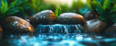 A mountain stream, born of the spring melt, tumbles serenely over smooth rocks Crystal-clear, icy water gushes through a vibrant tapestry of lush green foliage The scene exudes tranquility, a peaceful symphony of nature's artistry AI Generativeの素材