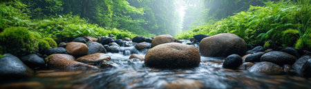 A serene mountain stream, fed by spring meltwater, cascades over smooth rocks amidst lush greenery Tranquil nature surrounds the refreshing scene, with a peaceful forest path winding through This captivating photograph captures the beauty and serenity of a pristine wilderness AI Generativeの素材