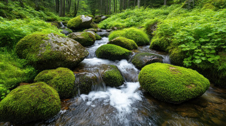 A serene mountain stream, fed by spring meltwater, cascades through lush greenery Moss-covered rocks line its banks, creating a tranquil and idyllic scene The gentle sound of flowing water and the vibrant colors of nature create a peaceful and rejuvenating atmosphere AI Generativeの素材