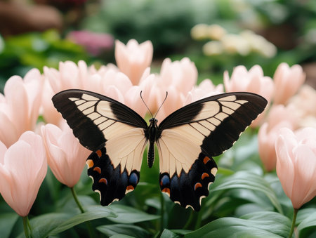 A vibrant butterfly graces a spring garden, its delicate wings a kaleidoscope of colors amidst a symphony of blooms The tranquility of nature is captured in this stunning photograph, showcasing the harmonious beauty of a delicate creature amidst a vibrant floral tapestry AI Generativeの素材