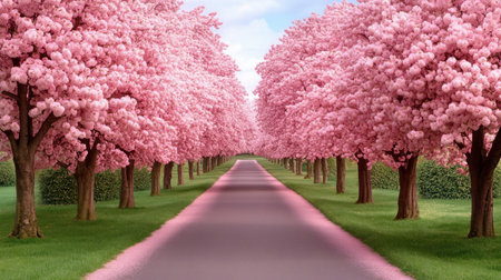 A path winds through a serene springtime landscape, framed by a canopy of vibrant cherry blossoms Delicate petals dance on the breeze, casting a soft pink glow upon the scene The tranquility of nature is captured in this breathtaking photograph, a testament to the beauty of spring's awakening AI Generativeの素材