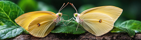 A vibrant tableau of spring unfolds, where two delicate yellow butterflies alight on verdant leaves Their wings, a delicate tapestry of nature's artistry, symbolize peaceful harmony Amidst the blooming garden, they represent the vibrant biodiversity that thrives in nature's embrace AI Generativeの素材