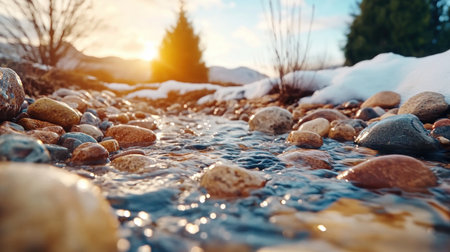 A cascading mountain stream roars through a rocky landscape, its icy meltwater surging with power The vibrant green of spring foliage frames the scene, creating a breathtaking spectacle of nature's raw beauty Sunlight dances on the rushing water, highlighting the rugged terrain and capturing the essence of a wild and AI Generativeの素材