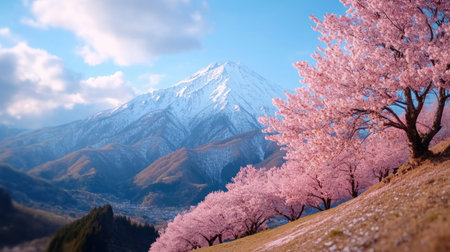 A breathtaking panorama unfolds, where delicate pink cherry blossoms paint the landscape in full bloom Majestic mountains stand as a backdrop, while a gentle spring breeze carries the scent of nature's awakening Serenity and tranquility wash over you, creating a moment of pure bliss AI Generativeの素材