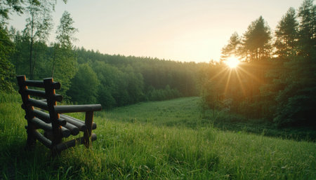 A peaceful morning unfolds on a lush meadow, bathed in the soft glow of sunrise From a wooden bench nestled amongst towering trees, you witness the tranquil horizon ablaze with dawn's colors The serenity of nature invites you to escape and find solace in its embrace AI Generativeの素材