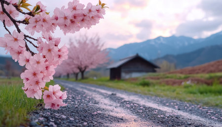 A serene pathway winds through a picturesque spring landscape, its edges adorned with delicate cherry blossoms in full bloom Soft sunlight bathes the scene, creating a tranquil atmosphere of peaceful seasonal beauty This stunning nature photograph captures the essence of spring's gentle grace AI Generativeの素材