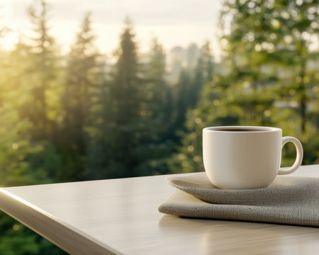 Imagine a serene morning, warm sunbeams bathing a cozy balcony As you sip your coffee, a breathtaking sunrise paints the sky with vibrant hues Tranquil views, gentle breezes, and the comforting scent of coffee create a perfect escape for a peaceful morning ritual AI Generativeの素材