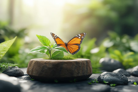 A monarch butterfly, a vibrant symbol of harmony and biodiversity, rests delicately on a burgeoning plant in a vibrant spring garden Its wings, a symphony of orange and black, evoke a sense of peaceful serenity as it basks in the lush surroundings, a testament to the beauty and interconnectedness of AI Generativeの素材