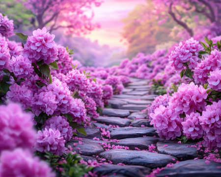 A stone path, adorned with vibrant pink blossoms, guides you towards a fresh start Hope and purpose fuel your journey, promising growth and transformation Embrace the inspiration as you walk towards a future filled with new beginnings AI Generativeの素材