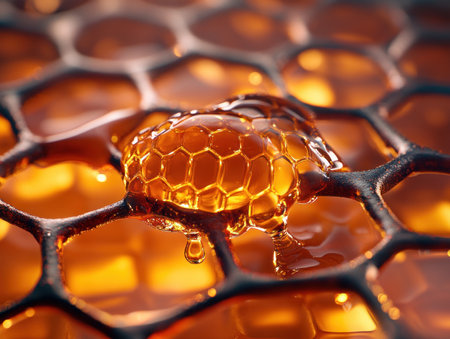 A captivating close-up reveals the intricate beauty of raw, artisan honeycomb Golden and glistening, the natural structure shimmers with sunlit textures, showcasing nature's artistry Each cell holds a pure, unadulterated sweetness, a testament to the bees' meticulous craft This image is a celebration of nature's bounty, a delicate and delicious AI Generativeの素材