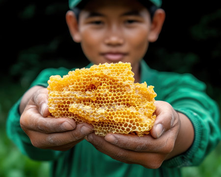 A seasoned beekeeper, hands gloved and gentle, cradles a glistening honeycomb The golden wax glistens, a testament to the bees' tireless labor, while the air hums with the sweet aroma of fresh honey This close-up captures the raw beauty and natural essence of a traditional honey harvest AI Generativeの素材