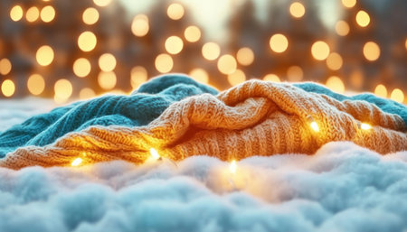 Embrace the warmth and magic of Christmas with this cozy blanket Its festive lights illuminate a peaceful holiday night scene, creating a tranquil ambiance Wrap yourself in its soft embrace and let the gentle glow transport you to a world of holiday cheer Perfect for snuggling up by the fireplace AI Generativeの素材