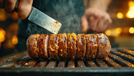 Smoke billows as a gloved hand deftly flips a perfectly golden-brown sausage on a hot BBQ grill The spatula catches the glistening crust, revealing the charred grill marks beneath The aroma of sizzling meat fills the air, promising a delicious feast AI Generativeの素材