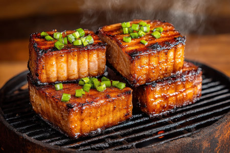 This vegan recipe features tofu grilled to perfection over coals, resulting in smoky, charred edges and a crispy exterior The barbecue charcoal imparts a distinct, delicious flavor, making this a satisfying and flavorful dish AI Generativeの素材