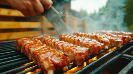 Savor the quintessential summer cookout with mouthwatering BBQ ribs These succulent ribs, cooked to perfection over a hot charcoal grill, boast crispy edges and a smoky aroma that tantalizes the senses Each bite is a symphony of sweet, savory, and smoky flavors the perfect recipe for a memorable summer AI Generativeの素材