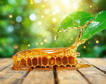 Witness the golden nectar of nature's bounty! Wild bees diligently create pure, artisan honey, flowing from their combs in a breathtaking scene This natural treat, harvested with care, is a testament to the artistry of bees and a delicious reward for your senses AI Generativeの素材