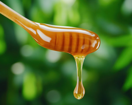 Golden honey, thick and glistening, drips from a perfectly formed honeycomb A scene of beekeeping harvest unfolds, revealing nature's bounty The pure, wild nectar, untouched and fresh, embodies the sweetness of unadulterated honey, a gift from the hive AI Generativeの素材