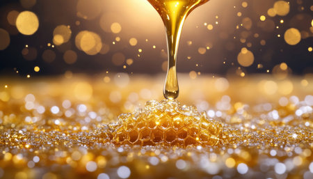 A close-up of a golden honeycomb, dripping with pure nectar, showcases the raw, rustic beauty of nature's sweet bounty The intricate texture of the honeycomb is highlighted by glistening droplets of honey, creating a captivating image of unfiltered, pure honey AI Generativeの素材