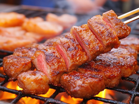 Savor the taste of summer with succulent BBQ steak skewers, perfectly grilled over charcoal for those irresistible crispy grill marks Tender, flavorful, and bursting with smoky goodness, these skewers are a delightful treat for any outdoor gathering AI Generativeの素材
