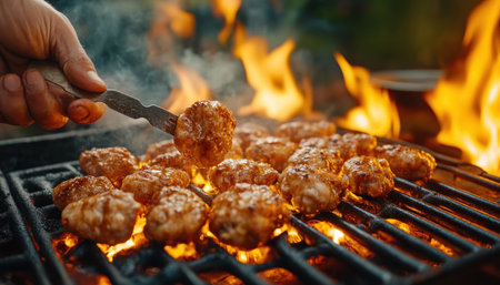 Indulge in the irresistible flavors of summer with these smoky grilled chicken skewers Perfectly charred edges create a crispy texture, while the barbecue charcoal infuses a deep, smoky flavor Enjoy the succulent chicken and the taste of the grill, ideal for a delightful summer feast AI Generativeの素材