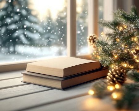 Imagine a warm, inviting space with a window adorned in twinkling Christmas lights Outside, snow gently falls, creating a peaceful winter scene Soft holiday music fills the air, adding a touch of magic to this cozy and serene holiday atmosphere AI Generativeの素材