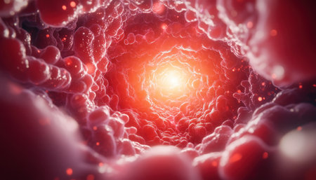 Dive into the depths of the human digestive system with this detailed digital hologram visualization A 3D rendered model showcases the complex structure and functionality of the intestines, revealing the intricate workings of human anatomy and physiology through cutting-edge technology AI Generativeの素材