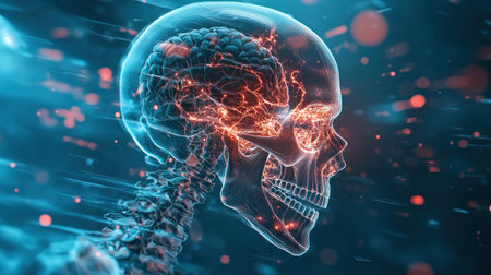 This high-resolution, 3D digital model offers a detailed anatomical visualization of the human skull and brain A transparent skeletal structure, the model is perfect for medical professionals, students, and anyone interested in anatomy It's ideal for education, research, and virtual/augmented reality applications AI Generativeの素材