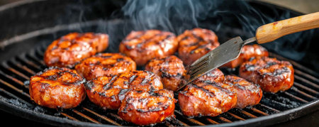 Imagine the tantalizing aroma of sizzling sausages grilling on the BBQ, smoke curling into the air A spatula waits to flip the juicy, golden-brown links, perfect for a backyard cookout or a summer feast This is the epitome of outdoor grilling bliss AI Generativeの素材