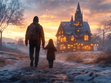 A gentle snowfall blankets the winter landscape as a father and daughter walk home, their path illuminated by the warm glow of a festively lit Christmas house Inside, cozy and inviting, Christmas music plays softly, radiating warmth and cheer The scene whispers of family, love, and the magic of the AI Generativeの素材