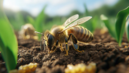 A honeybee diligently gathers pollen in a rustic field, a close-up view showcasing nature's sweet labor This idyllic scene captures the essence of beekeeping: a wildflower meadow bursting with life, the promise of natural honeycomb, fresh honey, and the serenity of a rural landscape AI Generativeの素材