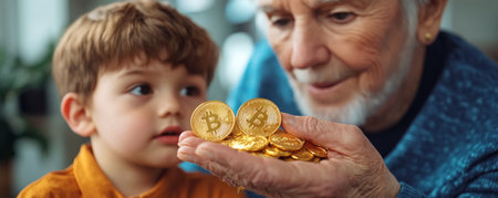 A grandparent lovingly bestows gold coins upon a grandchild, symbolizing a legacy of blessings and family heritage This heartwarming image captures the intergenerational transfer of wealth, representing love, security, and the enduring bond between them It's a timeless testament to family values and shared prosperity AI Generativeの素材