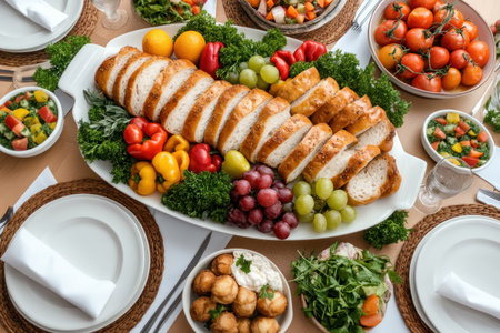 A vibrant communal feast overflows with roasted meats, fresh produce, and delectable side dishes This image of abundance and unity evokes feelings of gratitude and togetherness, perfect for celebrating holidays and family gatherings Ideal for food, family, and celebration-themed content AI Generativeの素材