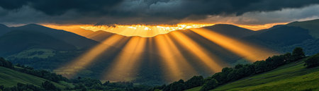 Sunrise paints a breathtaking pastoral scene Golden rays pierce clouds, illuminating rolling green hills and tranquil valleys Vibrant dawn hues create a peaceful, serene landscape, perfect for desktop backgrounds or prints Nature's awakening is captured in this idyllic vista AI Generativeの素材