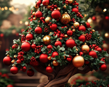 A beautifully decorated Christmas tree, adorned with vibrant red and gold ornaments, radiates holiday cheer This symbol of unity and joy perfectly captures the warmth and happiness of festive gatherings Ideal for holiday cards, social media, or festive d cor, it evokes the spirit of togetherness during the season AI Generativeの素材