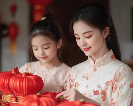 A family lovingly crafts vibrant red lanterns, a cherished Lunar New Year tradition Age-old customs blend with modern joy as they meticulously create symbols of hope, prosperity, and good fortune Their shared task embodies family unity and the heartwarming spirit of the upcoming festival, illuminating the timeless beauty of their AI Generativeの素材
