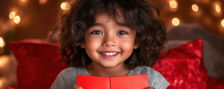 A joyful young girl beams, clutching a vibrant red envelope a symbol of festive cheer and cultural significance This heartwarming image perfectly captures the spirit of giving and family bonding during holiday celebrations Ideal for blogs, websites, and marketing, it evokes warmth, love, and cherished memories AI Generativeの素材