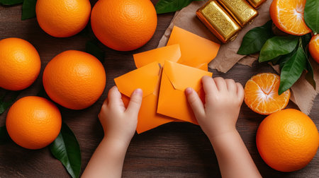 Children's hands lovingly arrange vibrant orange envelopes, gold ingots, and oranges symbols of prosperity and cultural heritage This heartwarming family tradition captures the joy of sharing wealth and blessings, creating lasting memories and strengthening familial bonds during festive celebrations Vibrant colors and auspicious symbols represent abundance and enduring family traditions AI Generativeの素材