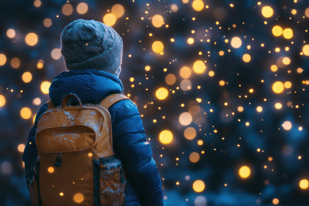 A child, backpack brimming with imagination, embarks on a whimsical adventure Enchanted worlds await this young explorer, ready for discovery Wonder, curiosity, and playful exploration fill their journey, symbolizing the boundless potential of childhood dreams Limitless possibilities unfold with every step AI Generativeの素材