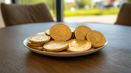 A gleaming gold coin plate sits on a polished table, symbolizing prosperity and family unity The image evokes success, achievement, and shared wealth Shining coins signify richness and fulfilled dreams, highlighting the importance of togetherness and financial well-being in a refined setting AI Generativeの素材