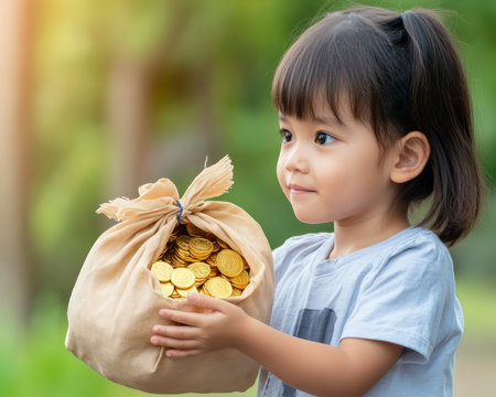 A child lovingly gifts their teacher a bag of gold coins, representing the invaluable knowledge received This heartwarming image symbolizes respect, gratitude, and the strong bond between student and teacher It's perfect for celebrating educators and teaching children the importance of appreciation AI Generativeの素材