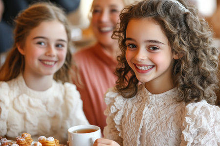 Warmth radiates from a festive dining room Relatives laugh and chat over tea and sweet treats, enjoying a post-holiday feast The scene captures the joy of family togetherness, cherished traditions, and lasting memories created around a beautifully decorated table brimming with desserts It's a heartwarming image of connection and shared AI Generativeの素材