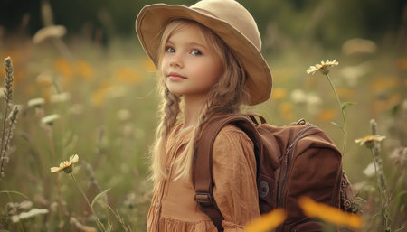 A child, brimming with wonder, sets off on an adventure Her overflowing brown backpack, filled with dreams and magic, symbolizes boundless possibilities Wildflowers frame her journey, mirroring the beauty and excitement awaiting this little explorer The image captures childhood innocence and the magical world of imagination AI Generativeの素材