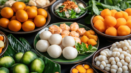 A vibrant table overflows with symbolic foods: dumplings, oranges, and auspicious treats This joyous family feast embodies cultural heritage and cherished traditions Glistening textures and rich colors celebrate family bonding, prosperity, and abundant blessings, capturing life's precious moments AI Generativeの素材